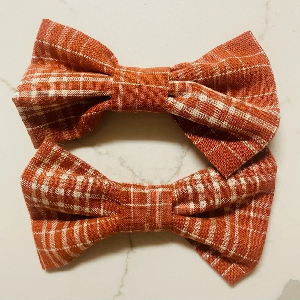 New handmade Plaid Bow Hair Clips for girls Brown/Orange Fall coquette pigtails